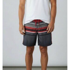 Mens Striped Red & Black Board Shorts With Elastic Waist & Drawstring 36-38